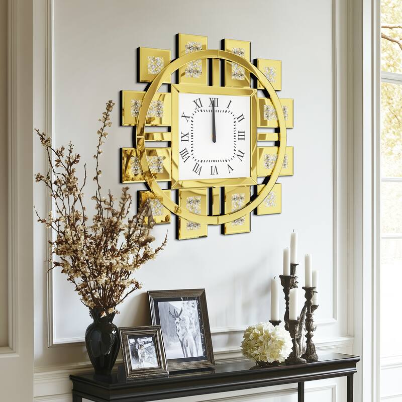 Gold/Silver Irregular Luxury Mirrored Wall Clock w/Crushed Diamond Inlay - 23.62x23.62 inch