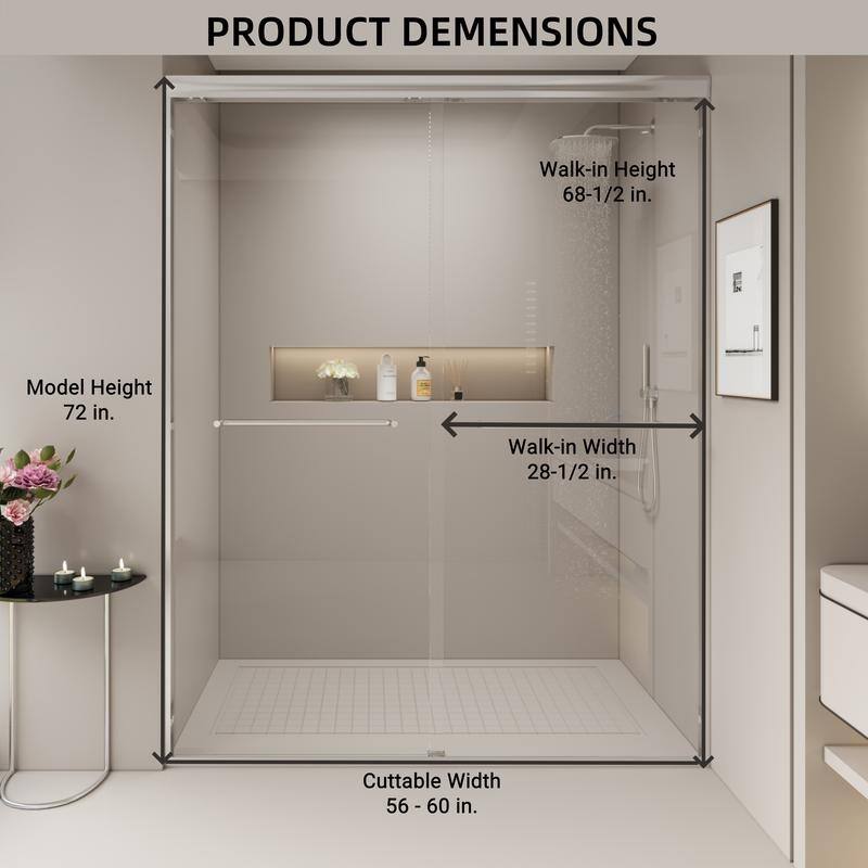 ABRUZZO 56-60" W x 72" H Semi-Frameless Double Sliding Tempered Glass Shower Door with Dual Towel Bars