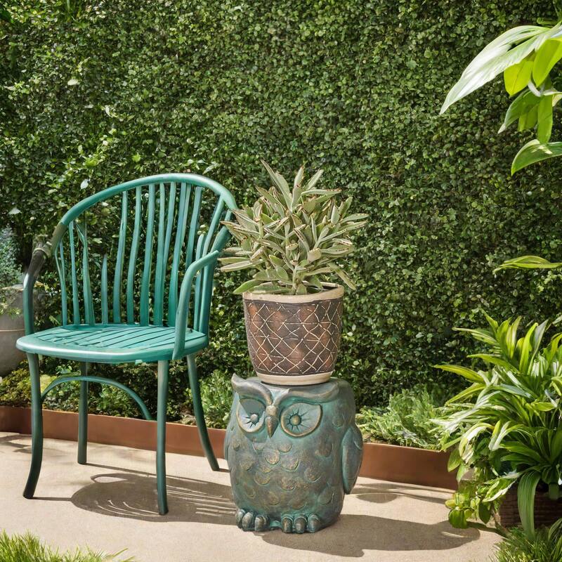 Roomfitters Owl Garden Stool, Weather-Resistant Lightweight Concrete Decorative Accent Table, Antique Green