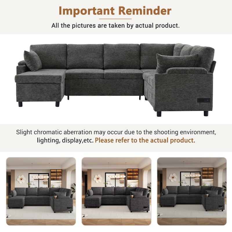 109.9" Modern U-shaped Sleeper Sectional Sofa with Two Cup Holders and Charging Ports
