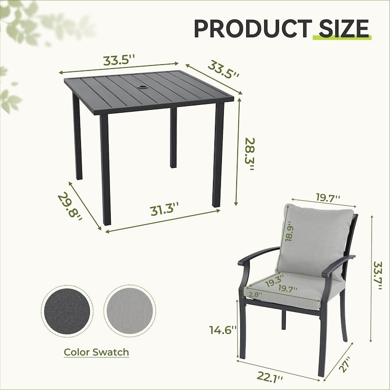 IvyGlow 5-Piece Black Metal Patio Dining Set with Square Table and Gray Cushions
