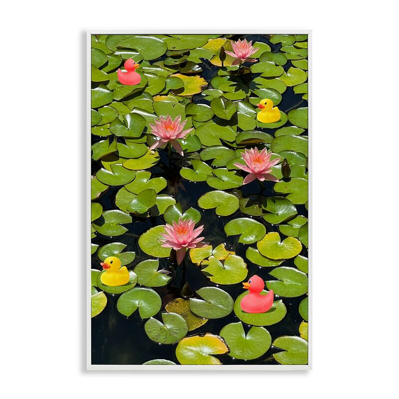 Stupell Rubber Ducks on Pond Lilies Framed Giclee Art Design By Ashley Singleton - 16 x 24 - White