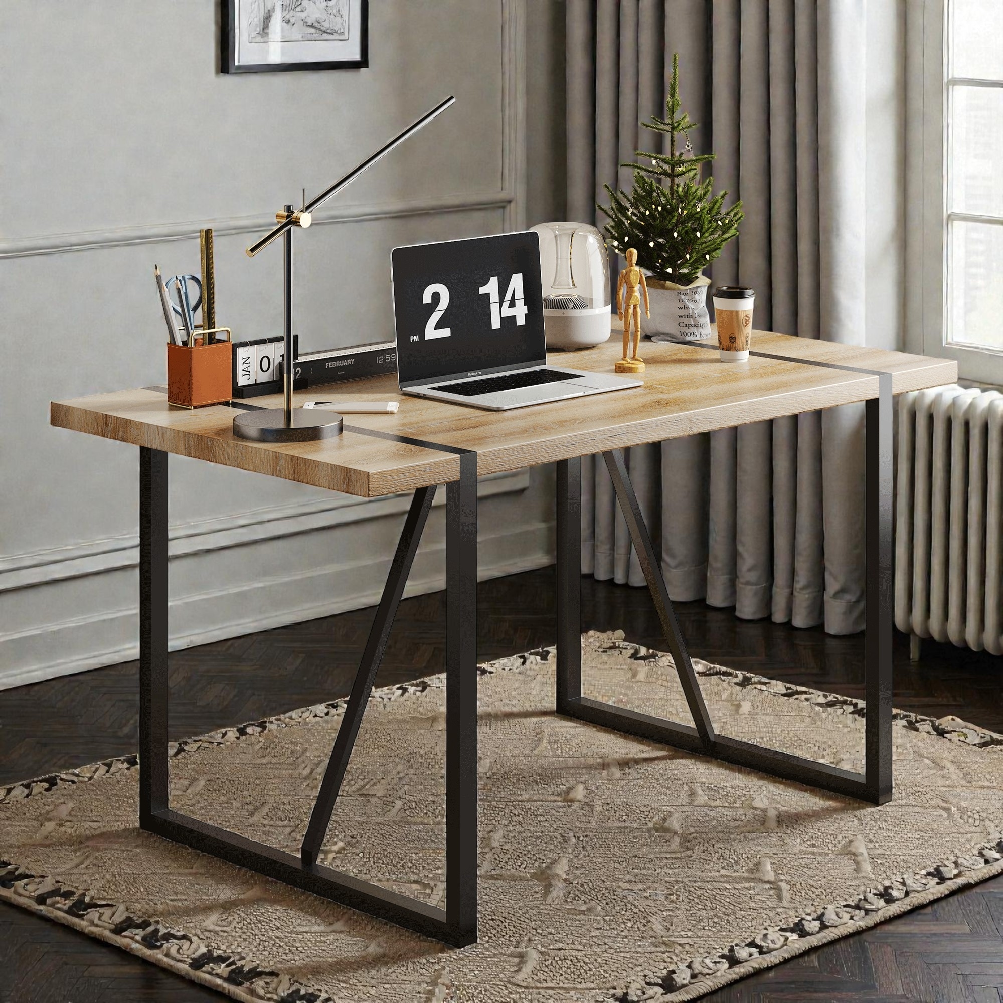 Rustic Industrial Rectangular Dining Table for 4-6, Wood Look Tabletop with Black Metal Legs, Kitchen & Living Room Table