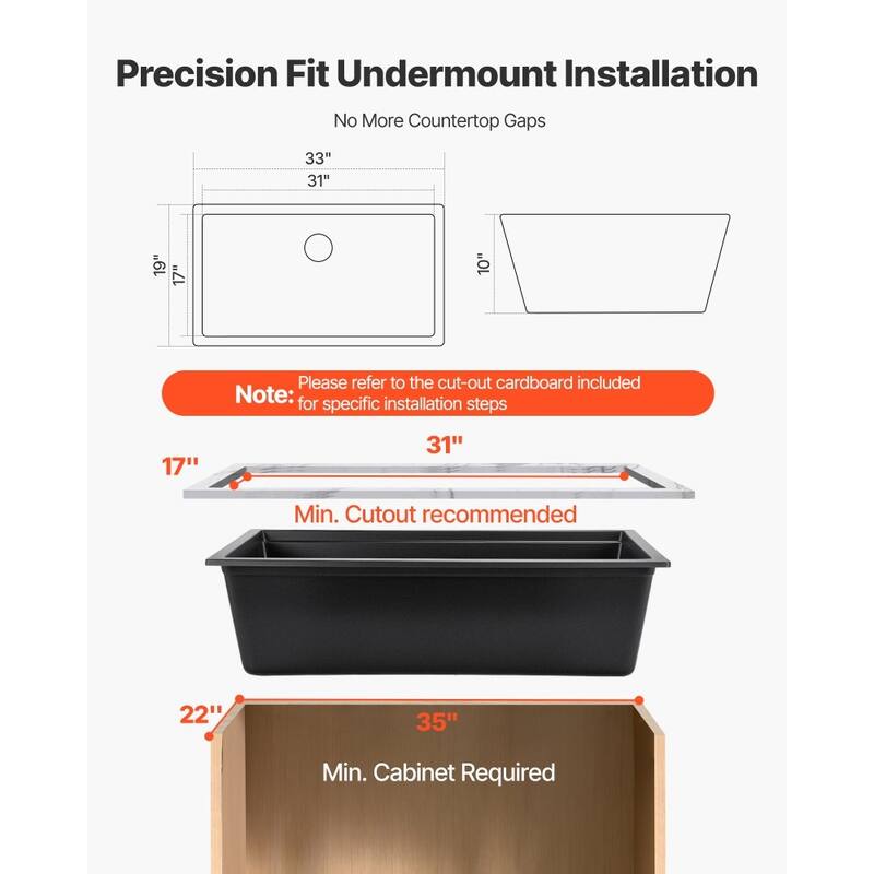 Black Granite Undermount Kitchen Sink with Single Bowl and Cutting Board and Roll-Up Rack