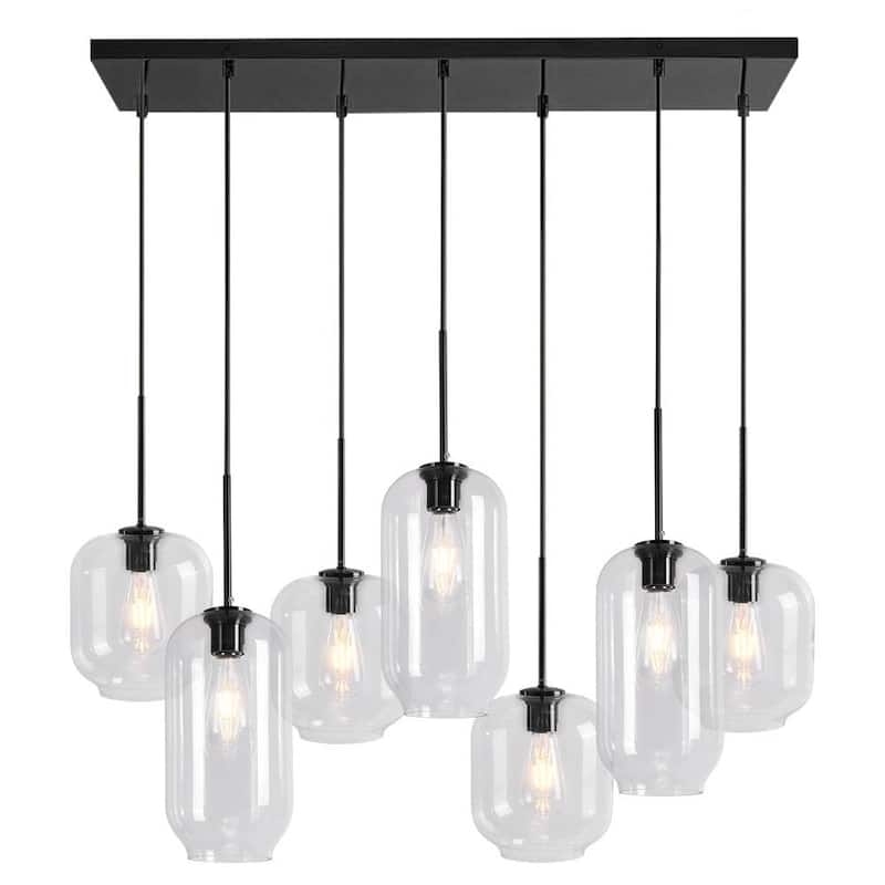 7-Light Cluster Glass Shade Linear Island Pendant - Mid-century Modern