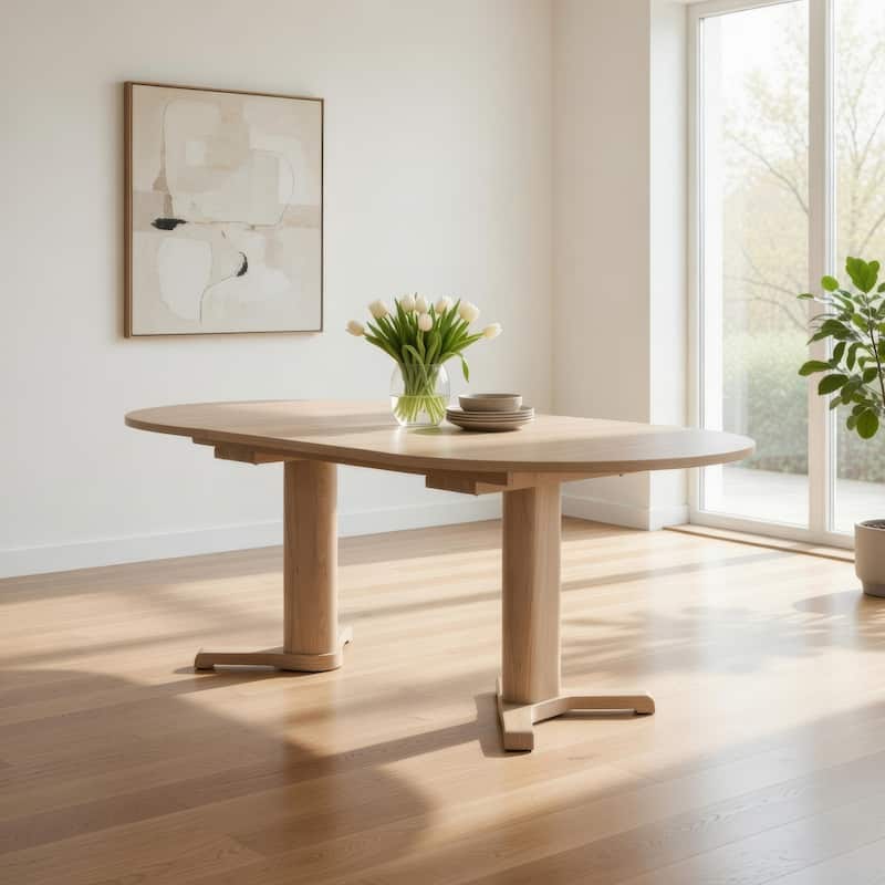 Hiny Dining Table, Pedestal Base, Extendable 60-78 Inch White Wood Top - White Oak