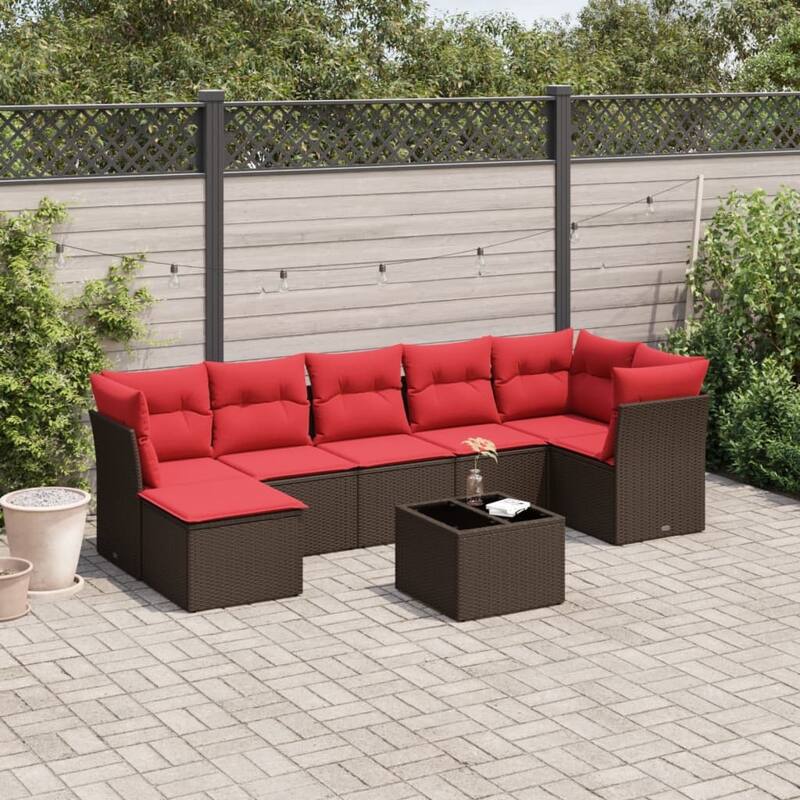 vidaXL 7/8 Piece Patio Sofa Set with Cushions Brown/Gray Poly Rattan - 21.7 x 24.4 x 27.2 - Brown and red With table