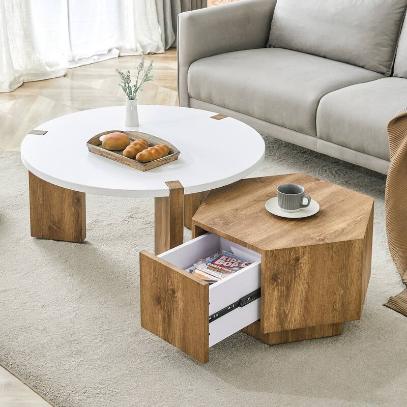 2-Piece Exquisite Coffee Table Set, Lncludes Round Coffee Table and Hexagonal Tea Table with Storage for Living Room - White,Wood