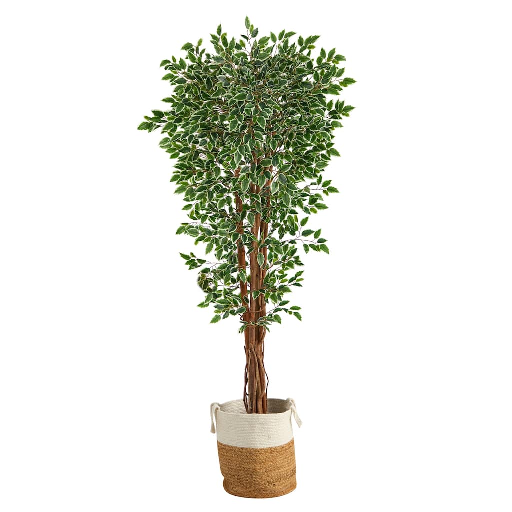 70in Variegated Ficus Artificial Tree in Handmade Jute and Cotton Planter with UV Resistant Greenery for Indoor Decor