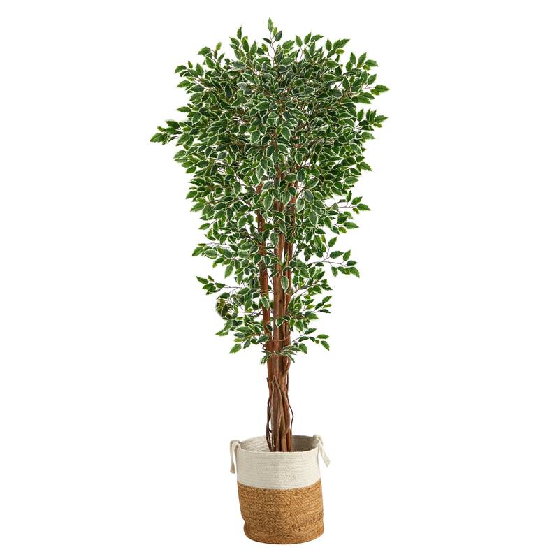 70in Variegated Ficus Artificial Tree in Handmade Jute and Cotton Planter with UV Resistant Greenery for Indoor Decor