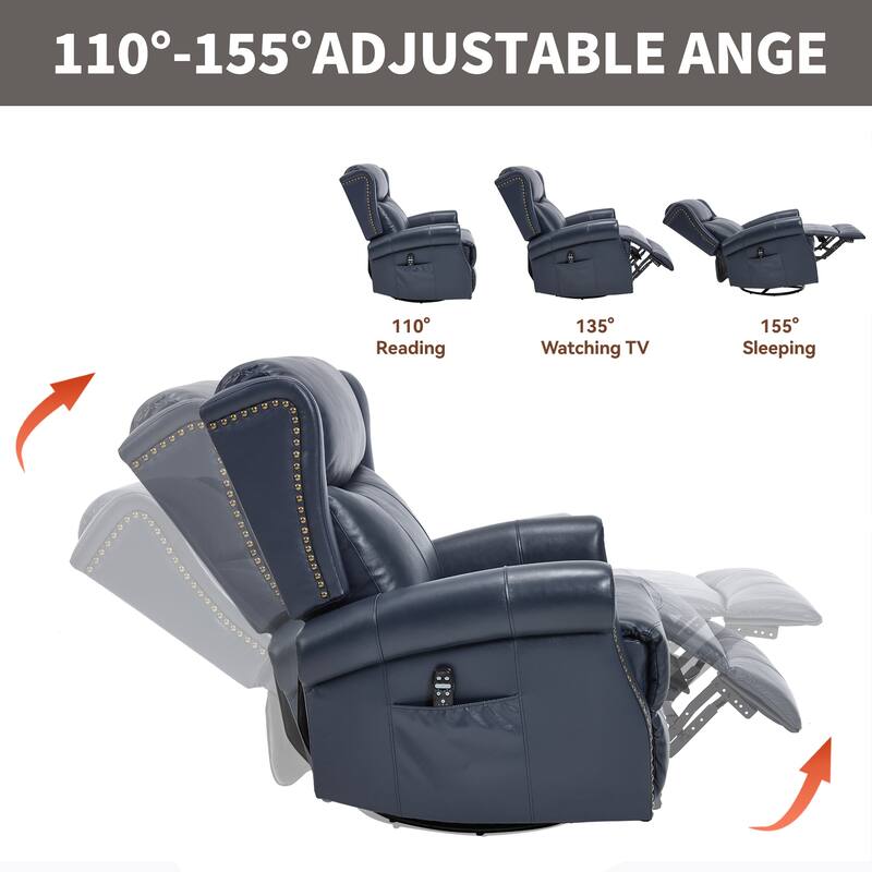 Manual Recliner Chair with Heat & Massage, Genuine Leather Swivel Recliner Chair, Lounge Sofa Chair with Side Pockets