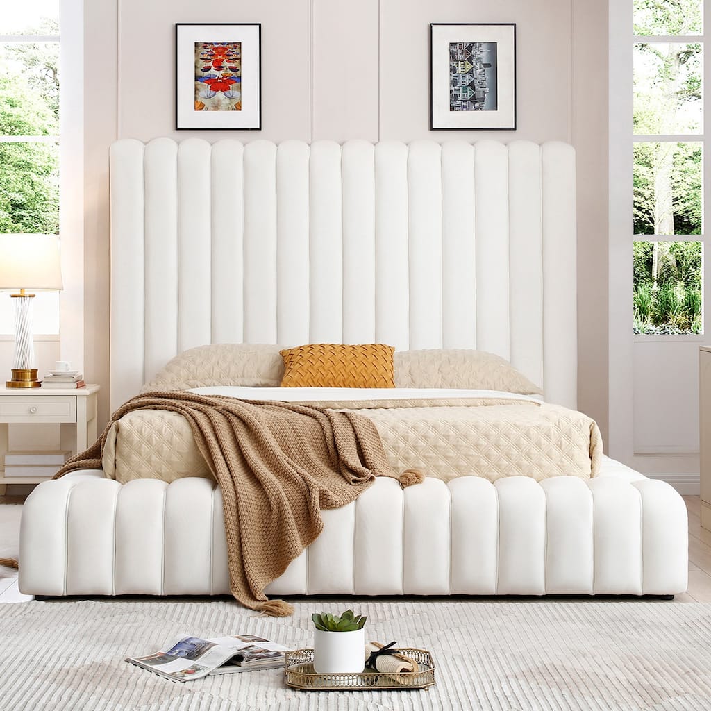 60 in.H Beige Wood Frame Queen Size Panel Bed with Velvet Upholstery Material and Bed Frame Mounted