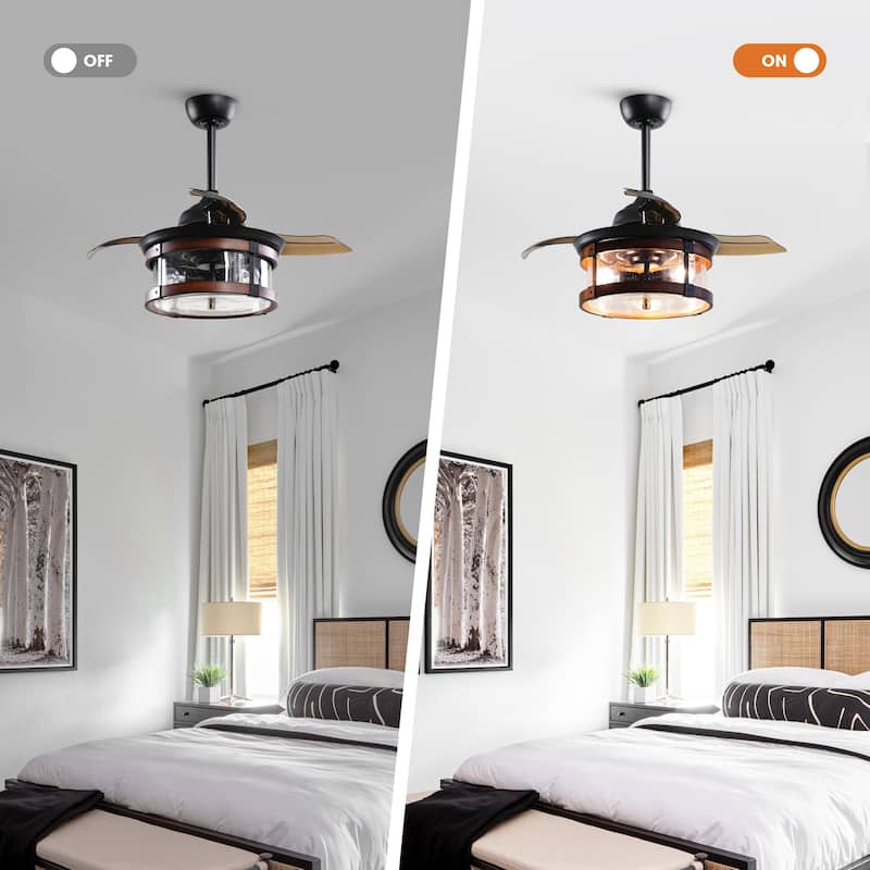 Industrial 3-Blade 3-Light Black and Brown Retractable Caged Ceiling Fan with Light Kit and Remote - 36 Inches