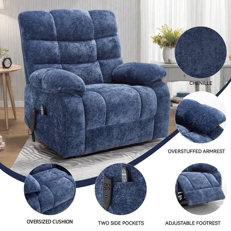 Oversized Chenille Power Lift Recliner Chair with Massage and Lumbar Heating, Charging Port, 180° Lying Flat