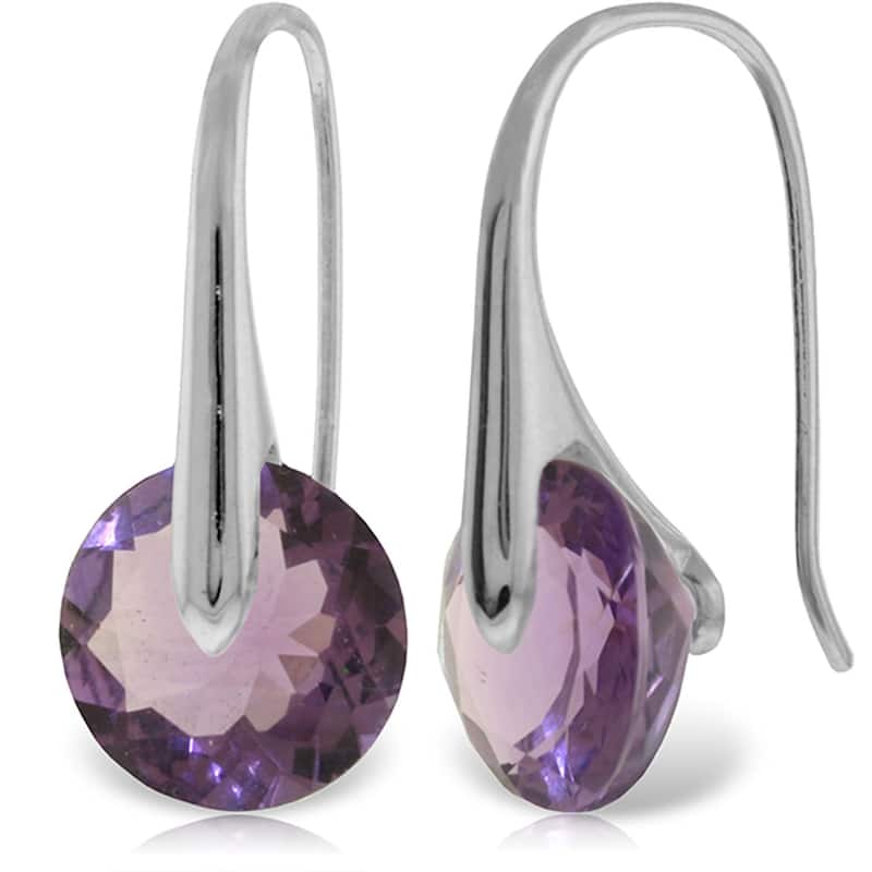 14K Solid Gold Fish Hook Amethyst Certified Gemstone Earrings - White