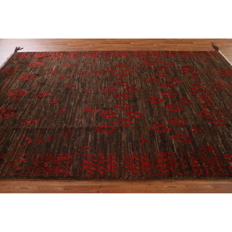 Dark Brown Tribal Moroccan Oriental Area Rug Hand-knotted Wool Carpet - 6'7" x 9'11"
