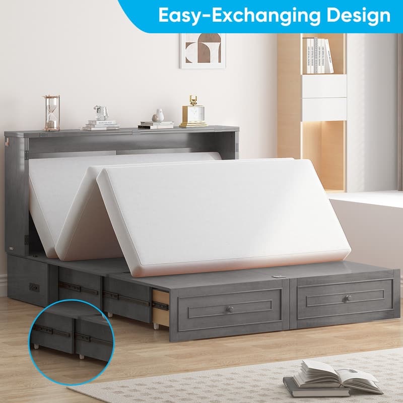Mixoy Queen Modern Murphy Bed Chest with Mattress and Storage Drawer