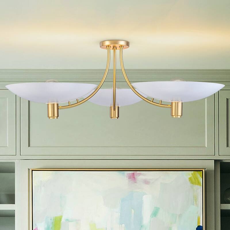 3-Light White Brass Sputnik Saucer Semi Flush Light Curved Arms - 40.6 Inches