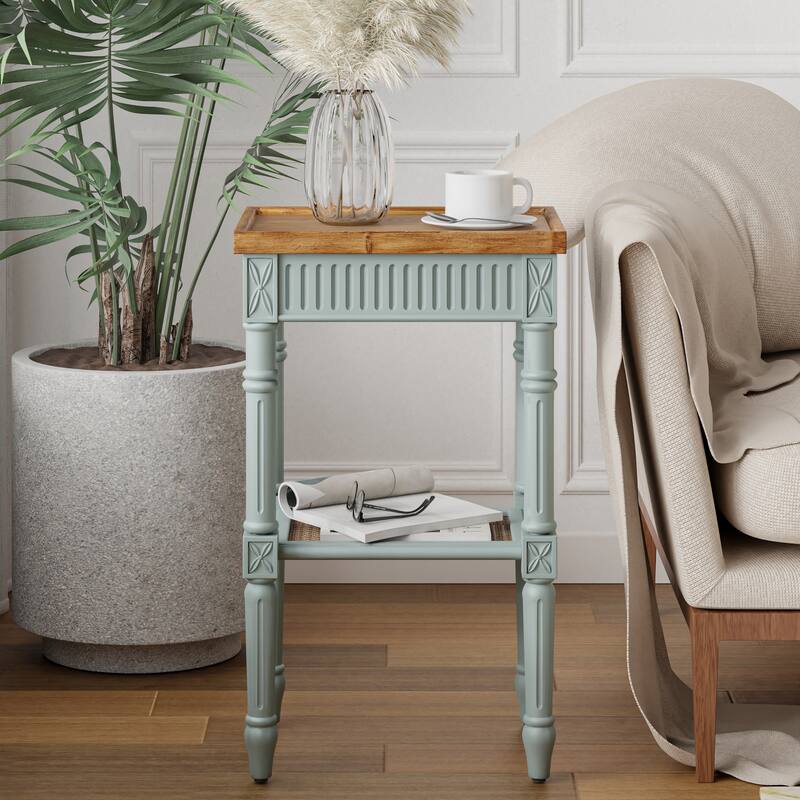 COZAYH French Country Distressed Accent Table, Espresso Tray Top and Woven Wicker Shelf, Boho, Farmhouse, Rustic Decor - Baby Blue