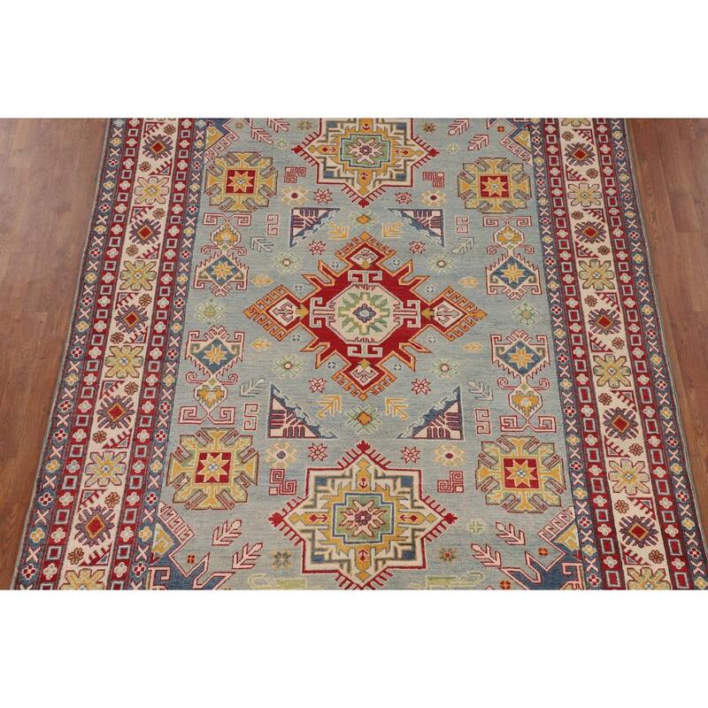 Hand Knotted Oriental 100% Wool Carpet Traditional Geometric Navy Blue & Blues Kazak Area Rug - 9' 8'' X 6' 6''