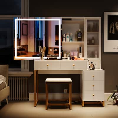 Vanity Set with Lighted Mirror and Charging Station, Extra Large Mirror Makeup Vanity Table,white