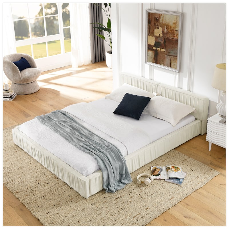 Queen Size Upholstered Bed Frame with Chenille fabric with pleated design