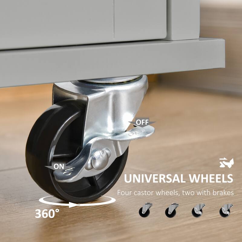 Mobile Kitchen Island On Fixed Wheels with Storage Space, 2 Drawers, 3 Cupboards, Adjustable Shelves and Towel Rack, White