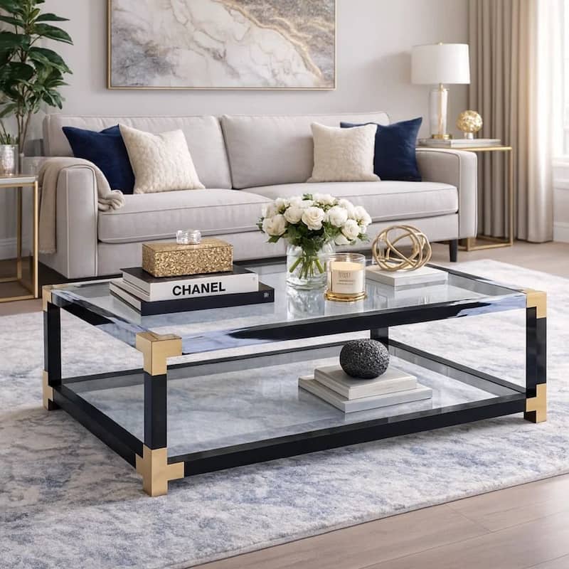 Rectangular Metal Coffee Table with Glass Top and Shelf, Black