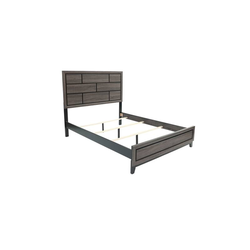 Contemporary Queen Panel Bed with Box Design Headboard, Rubberwood Frame, and Modern Transitional Style