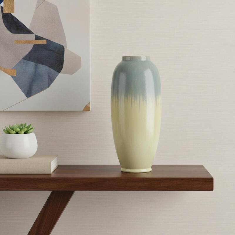 16" Blue And Cream Reactive Glaze Ceramic Cylinder Table Vase - 7.00 - Cream/Blue - 7.00