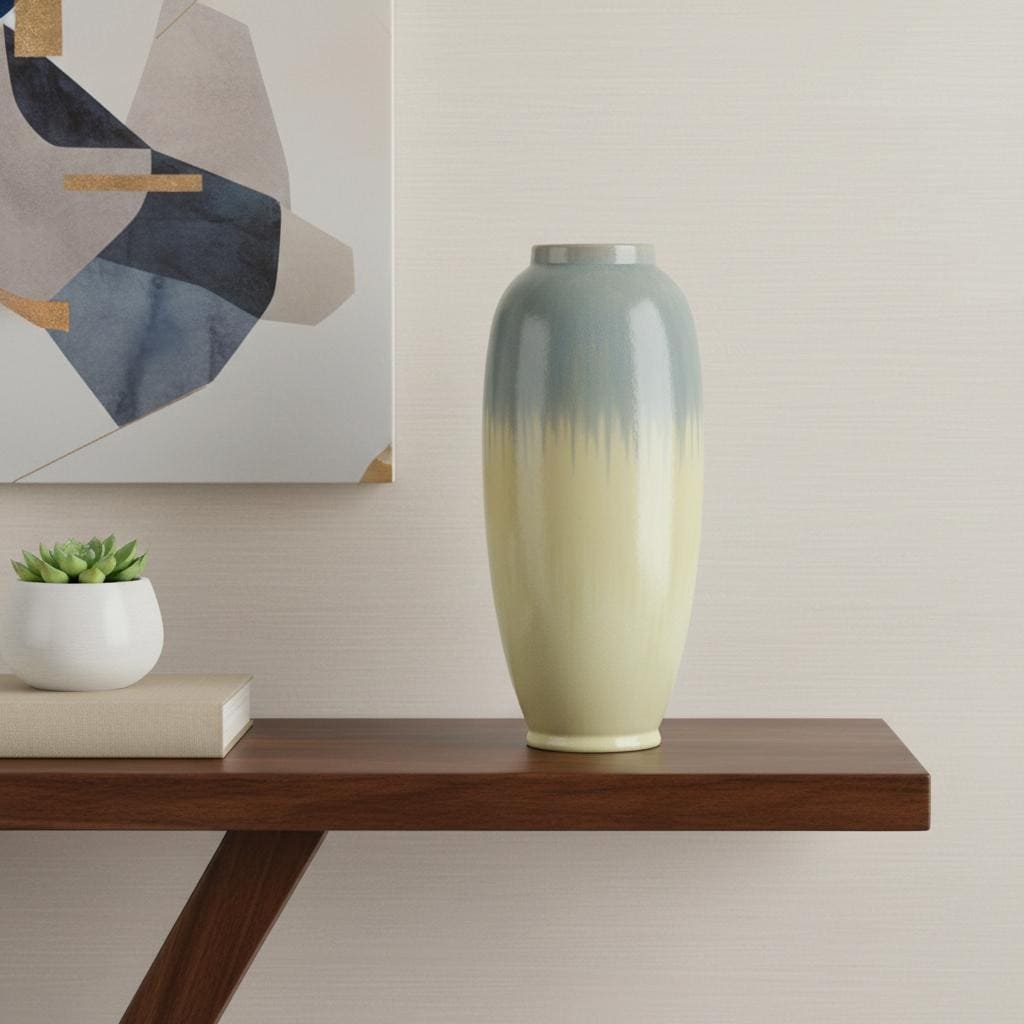 16" Blue And Cream Reactive Glaze Ceramic Cylinder Table Vase - 7.00