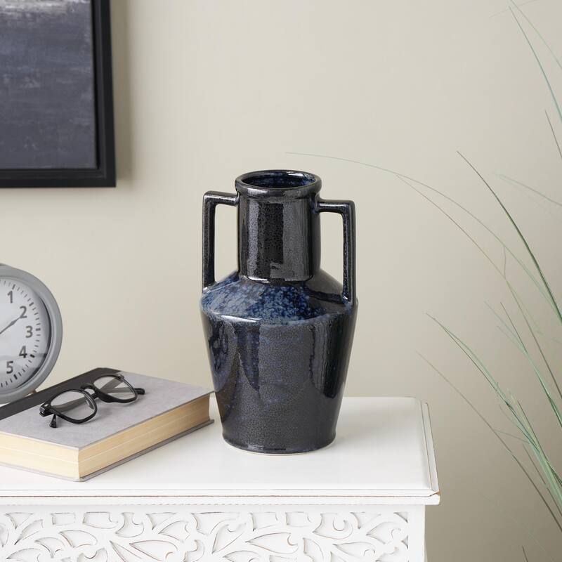Ceramic Ombre Textured Decorative Vase with Rectangular Handles - Dark Blue - Roche River Decor