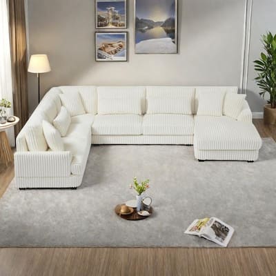 129.1" Corduroy U-Shaped Sectional Sofa with Chaise Lounge, Curved Armrests, and Premium Foam Cushions