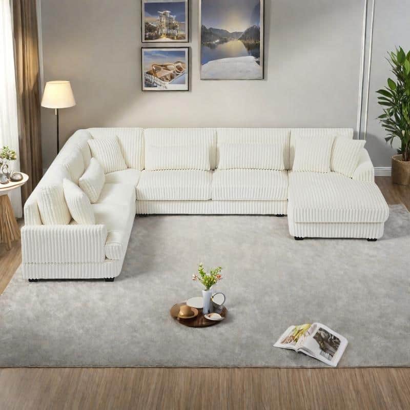 129.1" Corduroy U-Shaped Sectional Sofa with Chaise Lounge, Curved Armrests, and Premium Foam Cushions