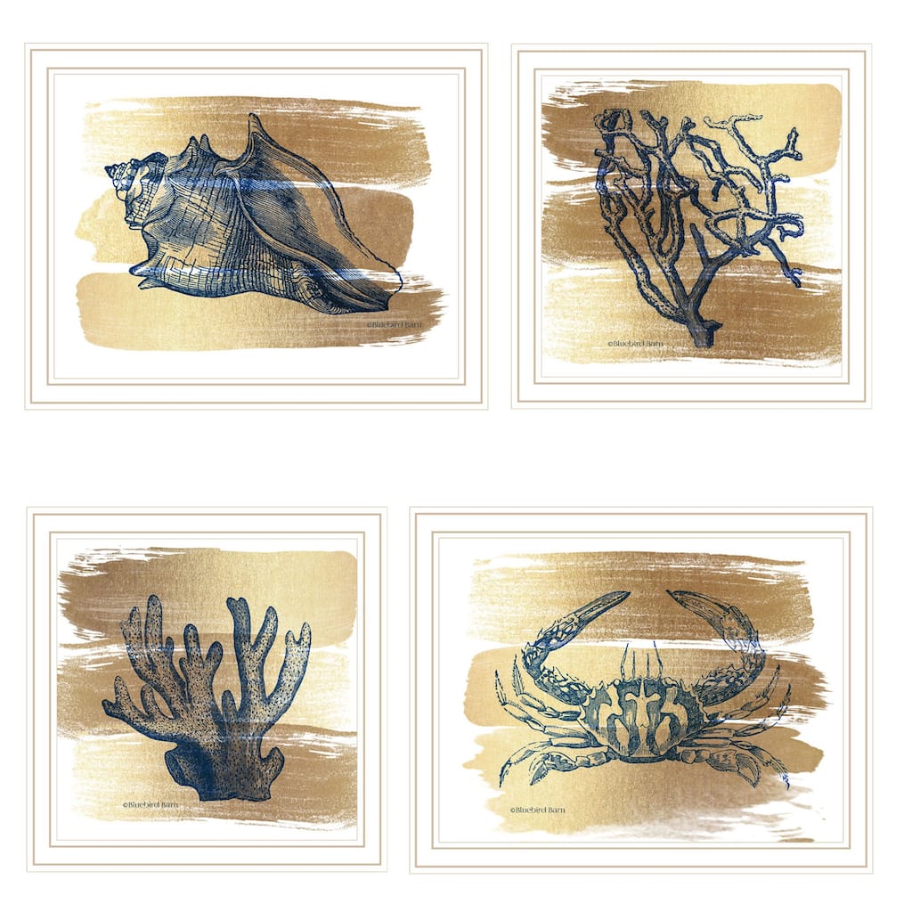 4-Piece Framed Wall Art Set - Gold Sea Collection, White Frame