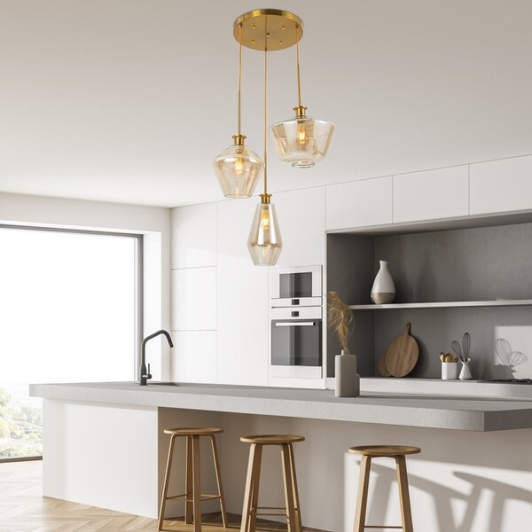 Champagne Gold Glass 3 Heads Pendant Light Flush Mount Ceiling