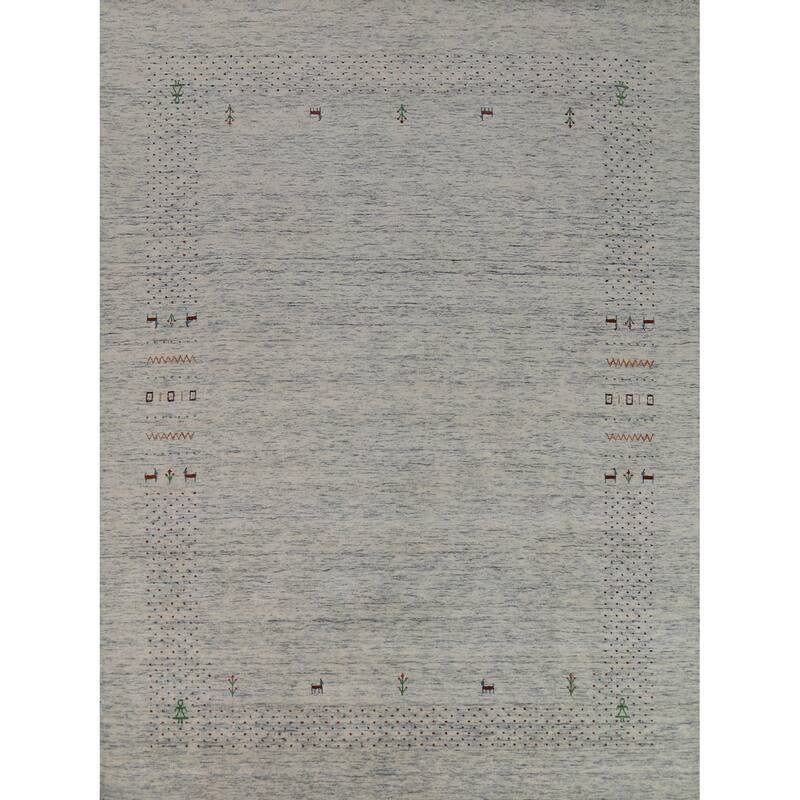 Ivory & Blue Tribal Gabbeh Indian Area Rug Handmade Wool Carpet - 8'0"x 9'10"