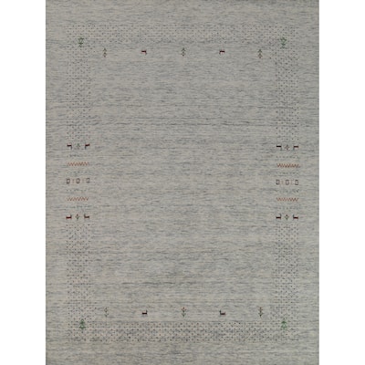 Ivory & Blue Tribal Gabbeh Indian Area Rug Handmade Wool Carpet - 8'0"x 9'10"