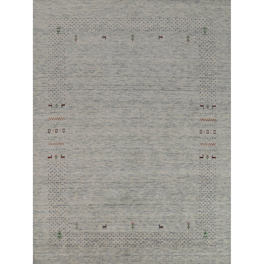 Ivory & Blue Tribal Gabbeh Indian Area Rug Handmade Wool Carpet - 8'0"x 9'10"