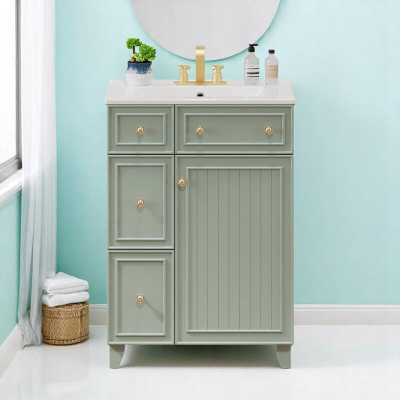 24" Bathroom Vanity with Ceramic Sink, 2 Drawers, Soft-Close Door, Freestanding Cabinet for Small Spaces, MDF and Wood - Green