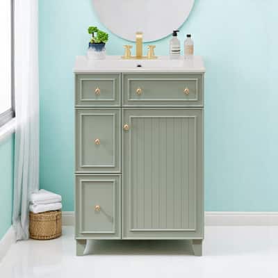 24" Bathroom Vanity with Ceramic Sink, 2 Drawers, Soft-Close Door, Freestanding Cabinet for Small Spaces, MDF and Wood