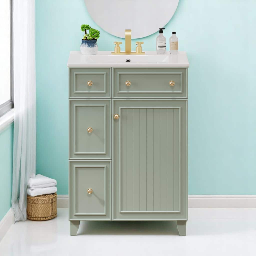 24" Bathroom Vanity with Ceramic Sink, 2 Drawers, Soft-Close Door, Freestanding Cabinet for Small Spaces, MDF and Wood