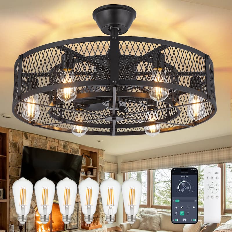 20-26" Caged outdoor Ceiling Fan with Light: Remote App Control-Farmhouse Fandelier Flush Mount Fixture Reversible 6 Speed Timer - 26in - Black