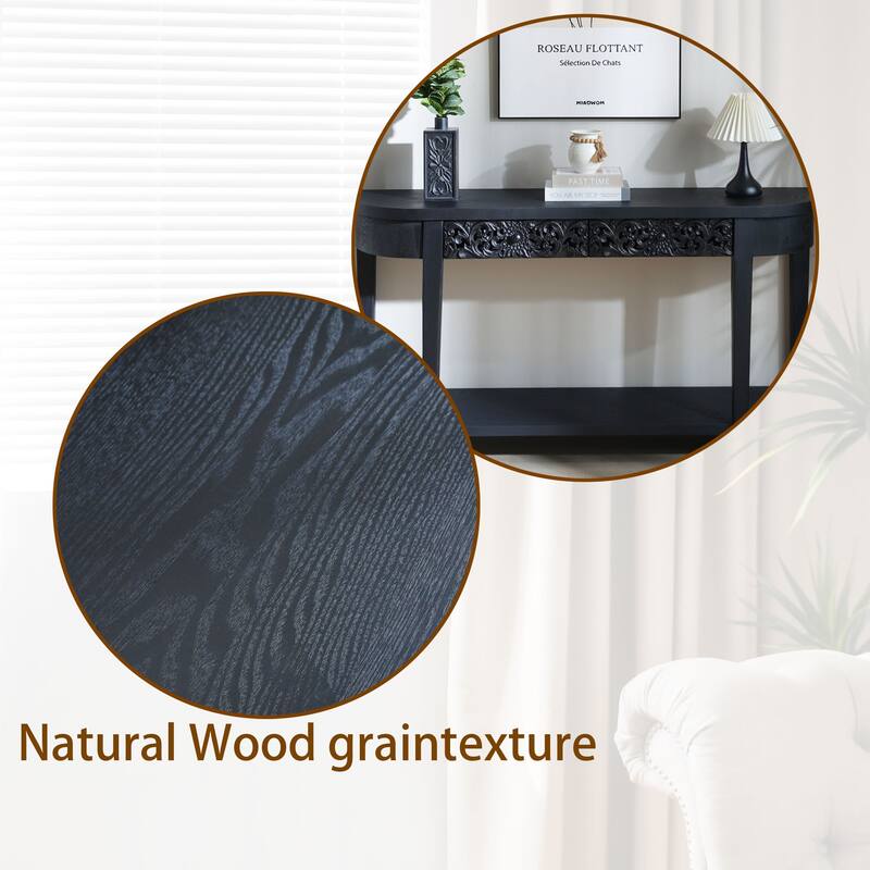 59.2in Black Carved Wooden Console Table Storage Shelf 2 Drawers Entryway Living Room