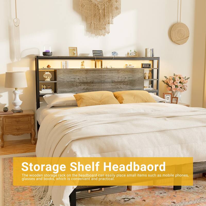 Headboards with Storage Shelves, Head Board with Power Outlet and LED Light for Bed Frame
