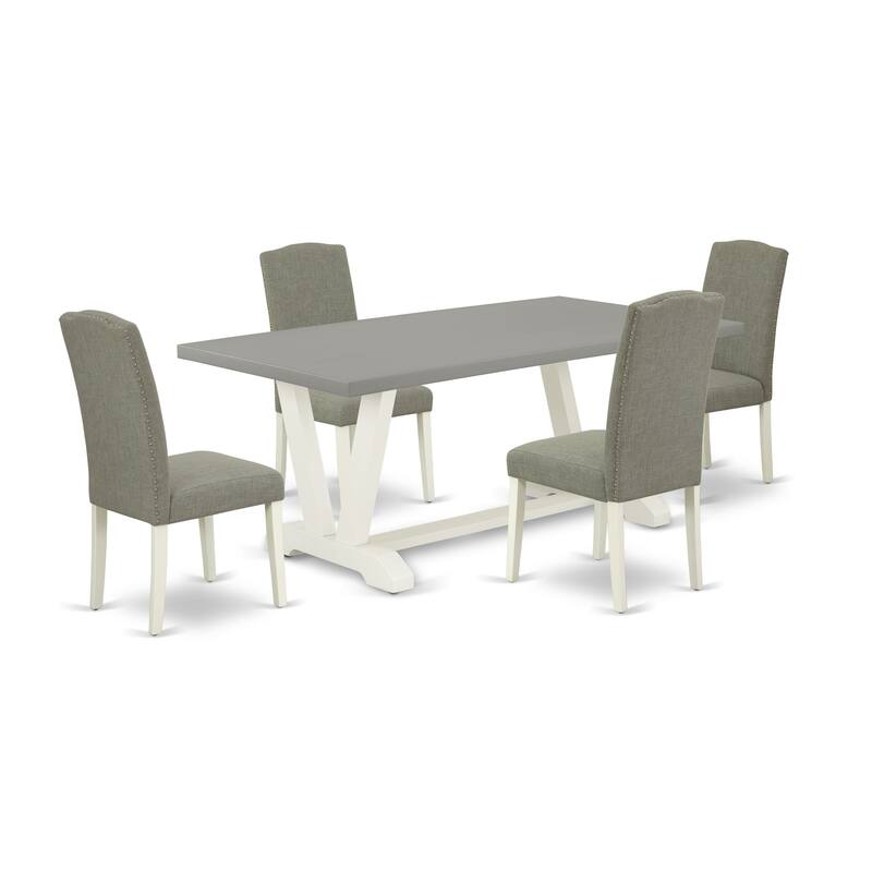 East West Furniture Dining Table Set- a Dining Table and Dark Shitake Linen Fabric Chairs, Linen White(Pieces Options)