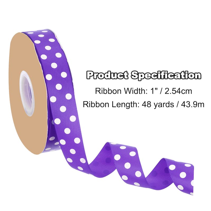 Polka Dot Craft Grosgrain Ribbon, 1 Inch x 48 Yard Grosgrain Ribbon Roll, Wired Edge Ribbon - Purple
