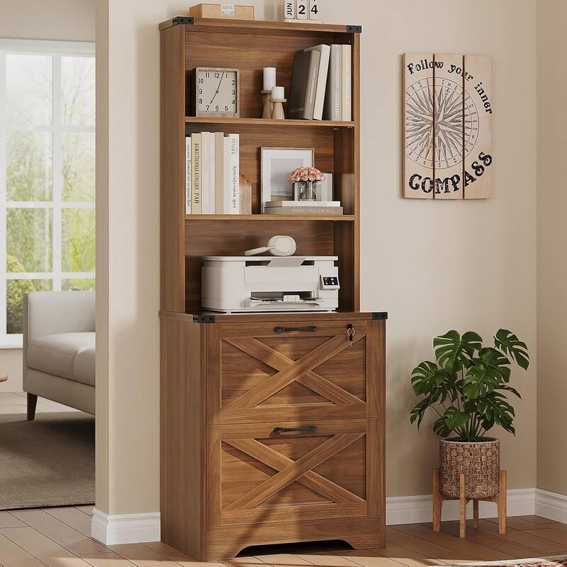 2 Drawer File Cabinet with Lock Hanging File Folders Home Office - Brown
