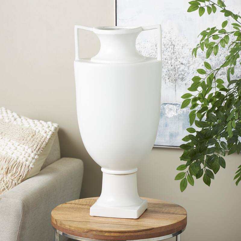 White Ceramic Fluted Urn Shaped Decorative Vase with Handles