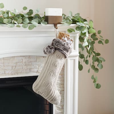 SAFAVIEH Holiday Gingerbread Beige Hanging Knit Pom-Pom Stocking (Set of 2) - 12" W x 20" L